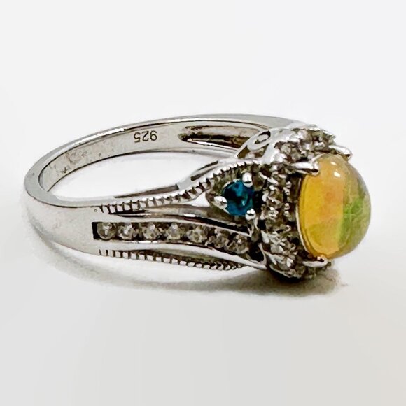Jelly Opal Ring, Sterling Silver, Vintage, Size 10, CZs, Faux Blue Topaz - Picture 3 of 7